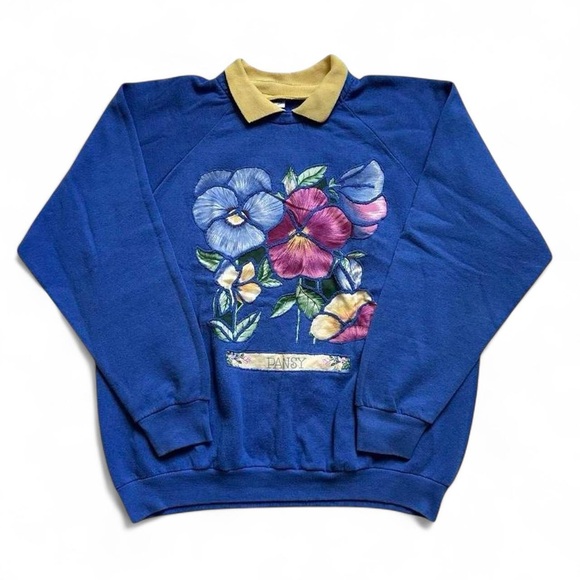 Fruit of the Loom Sweaters - Vintage 1990s Blue Floral Pansy Crewneck Sweater with yellow Collar L